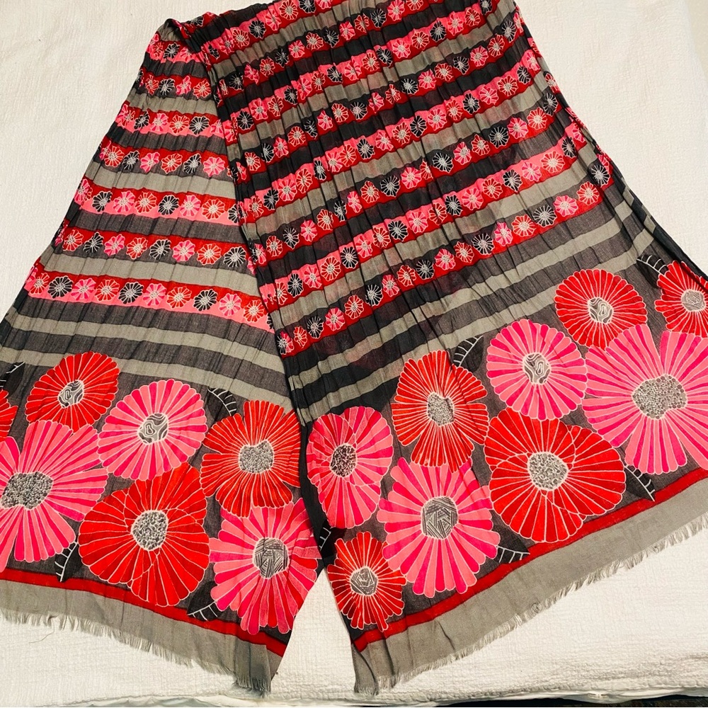 Vera Bradley Very Soft Pink, Red, & Grey Scarf “Cheery Blossoms”